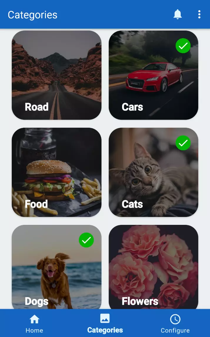 Application screen to choose categories for your wallpapers