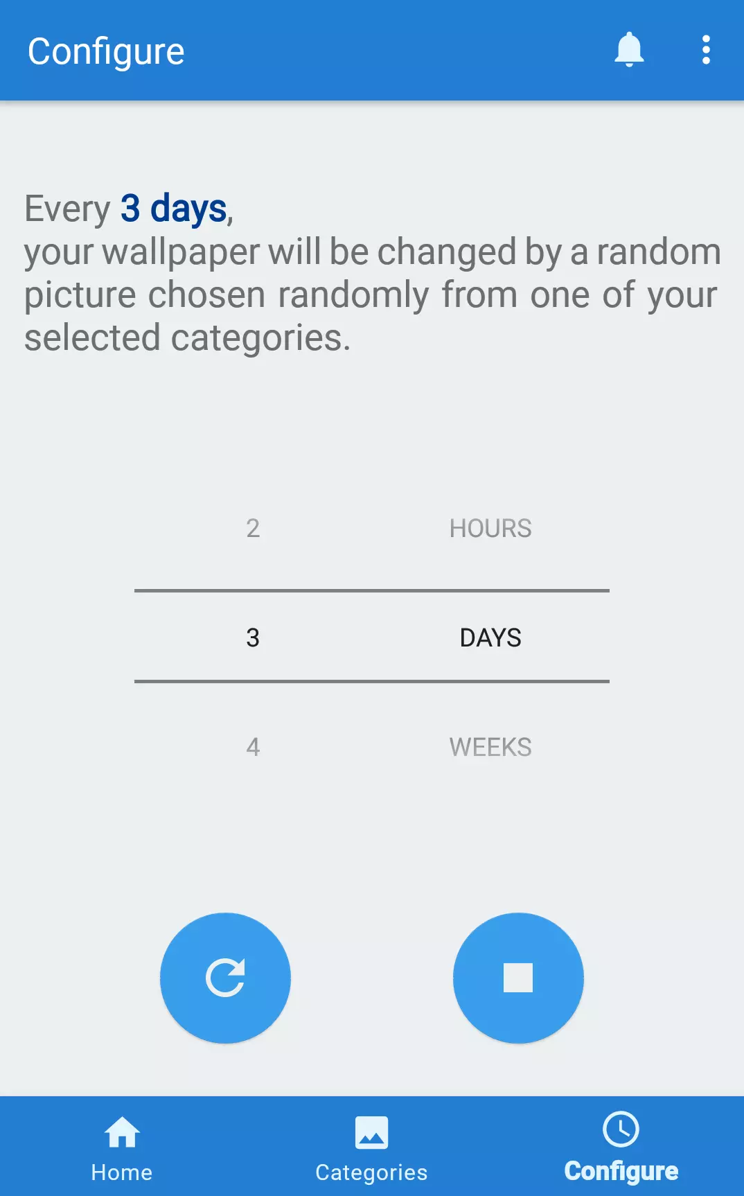 Random Wallpapers application screen to choose a time interval